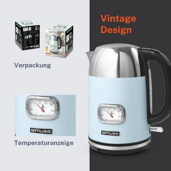 Mews Classic Design Stainless Steel Kettle with Analog Temperature Indicator and Washable Filter, 1.7L Capacity – Pastel Blue